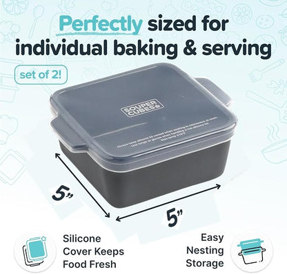 Souper Cubes Ceramic Baking Dishes 2.0-5" x 5" Baking Dishes with Silicone Lids, Individual Baking Dishes for Oven, Microwave, Oven and Air Fryer Safe, USA Made, Set of 2 - Charcoal