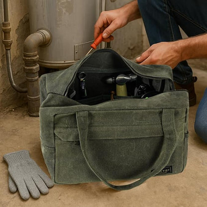 16OZ Waxed Canvas Tool Storage Bag, Heavy Duty Hand Tools Organizer with Hidden Zipper Pocket & 4 Internal Slots & Carrying Handle | Army Green | Multi-Purpose Tool Bag for Mechanic Electrics - S