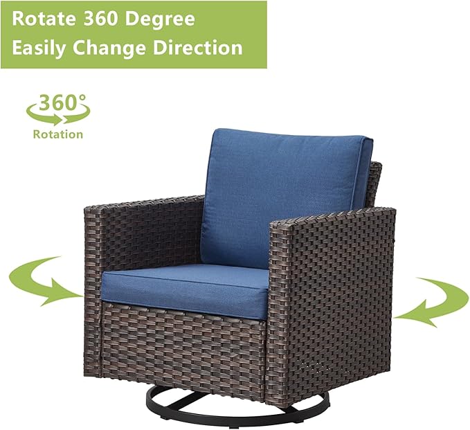 Rilyson Wicker Outdoor Patio Furniture Set - 5 Piece Patio Conversation Set with 2 Swivel Rocker Chairs,2 Rattan Ottoman and 1 Couch for Outside Porch Deck Backyard Garden(Brown/Blue)