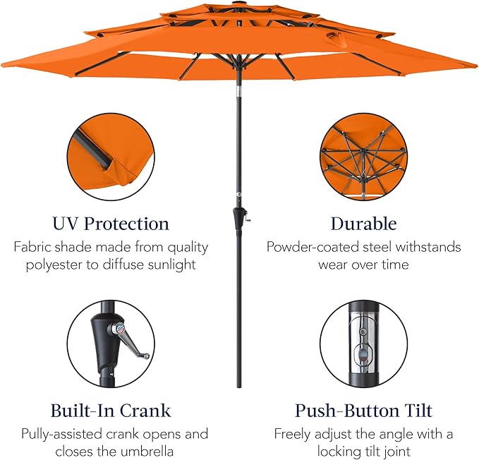 Best Choice Products 10ft 3-Tier Market Patio Umbrella, Outdoor Sun Shade with Tilt, Crank Lift, 8 Ribs for Backyard, Deck, Poolside – Orange