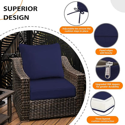 Sundale Outdoor Olefin Deep Seat Cushion, Patio Chair Cushion and Pillow, Water-Resistant Sectional Sofa Pad with Straps Navy Blue, 23 x 26 x 6 Inches