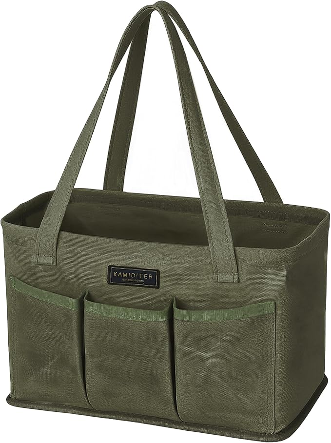 Tool Bag with Metal Frame, Waxed Canvas Wide Open Top Tool Tote Bag with 7 External Pockets, 13.5 x 7.8 x 7.8 Inches (ArmyGreen)
