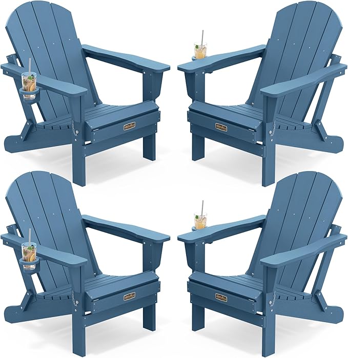 SERWALL Folding Adirondack Chair with Cup Holder Set of 4, Weather Resistant HIPS Patio Chairs, Wooden Textured, Fire Pit Chairs for Garden Outdoors Fire Pit - Blue