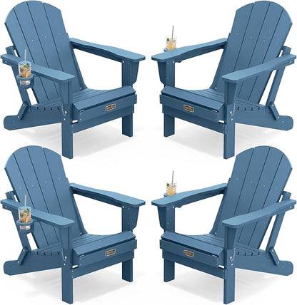 SERWALL Folding Adirondack Chair with Cup Holder Set of 4, Weather Resistant HIPS Patio Chairs, Wooden Textured, Fire Pit Chairs for Garden Outdoors Fire Pit - Blue