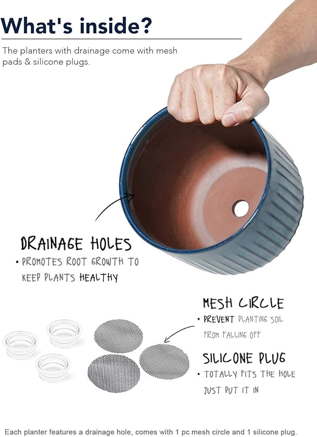 LE TAUCI Ceramic Plant Pots, 8.3/7/6 Inch Indoor Planters with Drainage Holes & Mesh, Modern Glossy Glaze Cylinder Fluted Flower Pot for Snake Plant, Set of 3, Harbor Blue