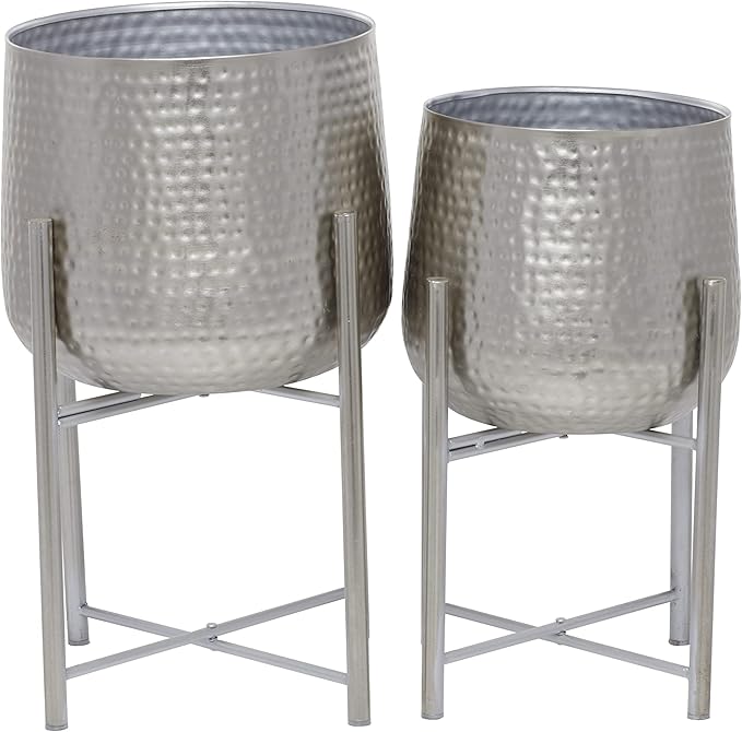 CosmoLiving by Cosmopolitan Metal Indoor Outdoor Planter Hammered Large Planter Pot with Removable Stand, Set of 2 Planters 19", 16"H, Silver
