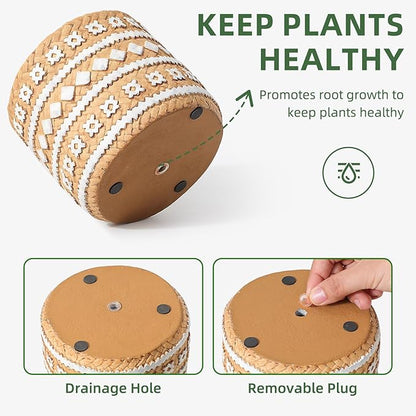 vomiceak Concrete Rattan-Style Plant Basket Planter, 5" Plant Pots Indoor Outdoor with Drainage Hole, Boho Flower Pot for Succulents, Herbs, Modern Farmhouse Decor, Ideal Gift for Plant Lovers