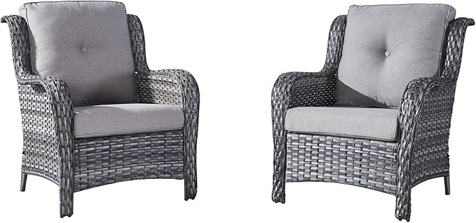 HUMMUH Patio Chair Wicker Patio Dining Chairs Set of 2 PE Rattan Deep Seating Outdoor Chairs with 4 inch Seat Cushions