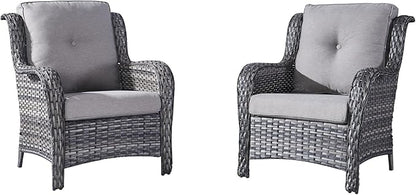 HUMMUH Patio Chair Wicker Patio Dining Chairs Set of 2 PE Rattan Deep Seating Outdoor Chairs with 4 inch Seat Cushions