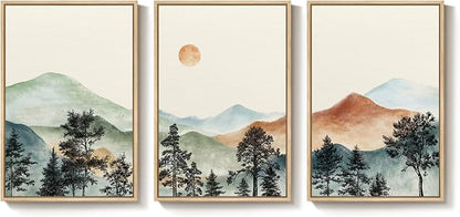 Framed Large Mountain Wall Art for Living Room, 3 Piece Boho Watercolor Landscape Artwork for Walls, Mid Century Modern Mountain Forest Sunset Scenic Canvas Prints for Office Hallway Decor, 24x36 Inch