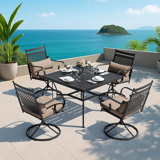 MELLCOM 5 Pcs Patio Dining Sets, Outdoor Table Chair Set for 4 with Swivel Rocker Chairs and Square Metal Dining Table, Khaki