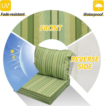 AAAAAcessories Outdoor Seat Cushions for Chairs, Fade-Resistant, Waterproof Patio Furniture Replacement Cushions, 25.5" x 25.5" x 5" + 25.5" x 19", Mossy Forest Stripe
