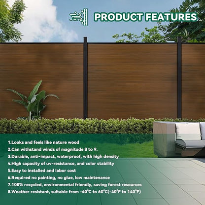 Mondaria Privacy Fence for Outside, 6ftx6ft Outdoor Privacy Panels with In-ground Post, Wind Resistant Wood Plastic Composite Fencing for Patio, Backyard, Garden and Swimming Pool (Brown with 2 posts)