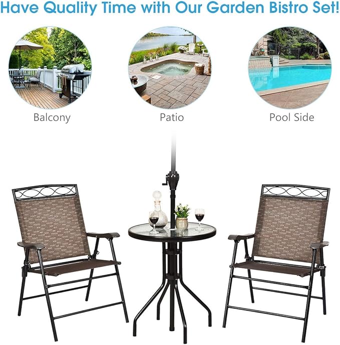 S AFSTAR 3-Piece Bistro Set, Patio Dining Furniture Set, Round Textured Glass Tabletop w/Umbrella Hole, Outdoor Conversation Set for Backyard Garden Poolside