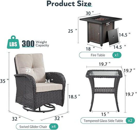 7 Piece Patio Furniture Set with Fire Pit Table - Wicker Patio Conversation Set with 4 Swivel Glider Chairs and 2 Tempered Glass Side Tables for Deck Backyard - Black Wicker Beige Cushion