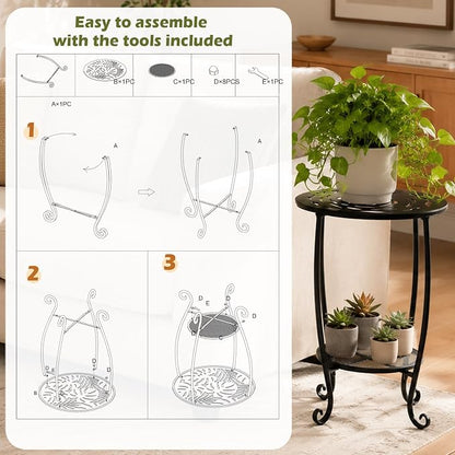 Metal Round Side Table Set of Two Black Accent Coffee Tables Small Space Corner Plant Stand Shelf for Indoor Outdoor Porch Patio Balcony Living Room End Table with Storage