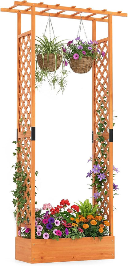 S AFSTAR Raised Garden Bed with Trellis, 2-in-1 Fir Wood Planter Box with Flat Roof & Drainage Holes, Vertical Planter Raised Bed for Climbing Plants, Flowers & Vegetables, 43" x 14" x 89" (Orange)