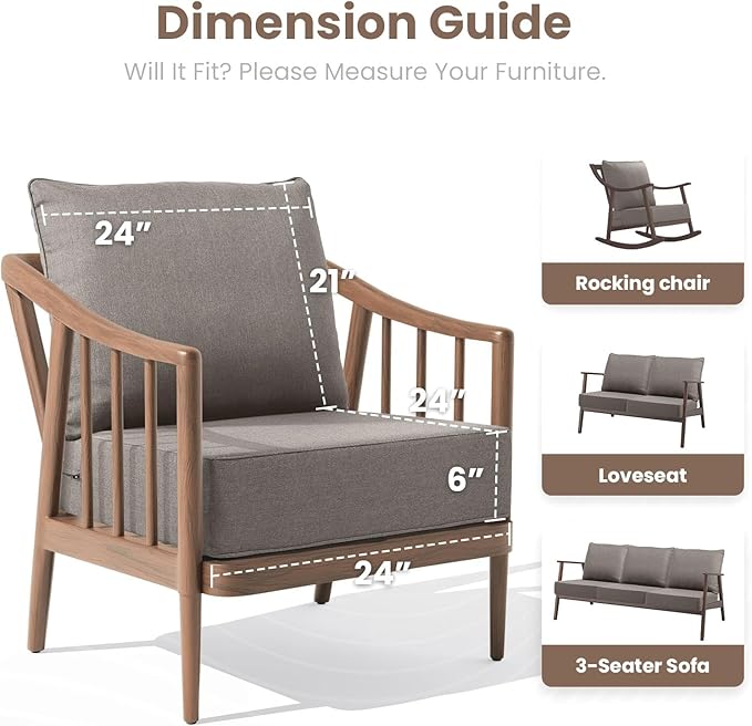 Outdoor Chair Cushions, 6 Inch Thick Patio Seat & Back Cushions Set with Removable Cover, Waterproof Patio Cushions for Outdoor Furniture, 24 x 24 Inch, Gray 6-Set