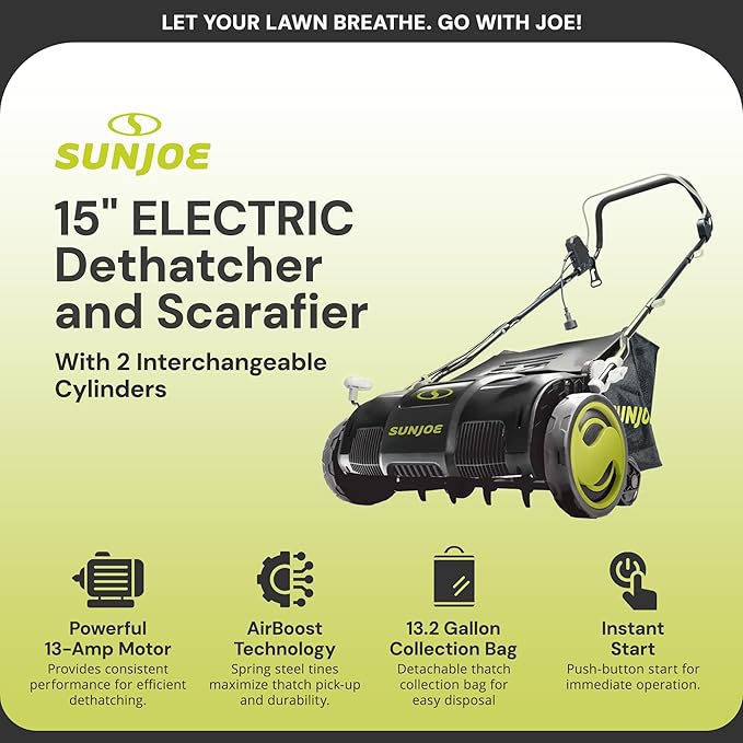 Sun Joe 15-Inch Electric Powered Lawn Dethatcher with Scarifier Blade Reel and Collection Bag - 13-Amp Corded Yard Power Rake Tool Machine for Grass Thatch Removal, AJ805E