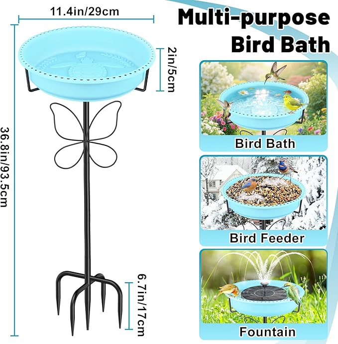 37In Bird Bath for Outside, 2-in-1 Birdbath & Birdfeeder with Detachable Plastic Bowl, Metal Butterfly Stake & Sturdy 5-Pronged Base for Outdoor Garden Yard Decor (Blue)