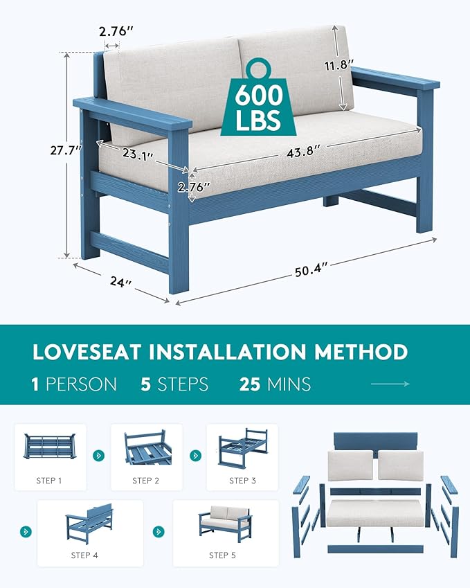 SERWALL Blue HDPE Outdoor Loveseat with Khaki Cushions