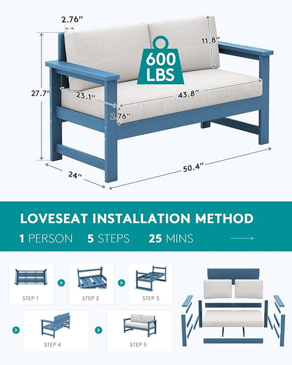 SERWALL Blue HDPE Outdoor Loveseat with Khaki Cushions