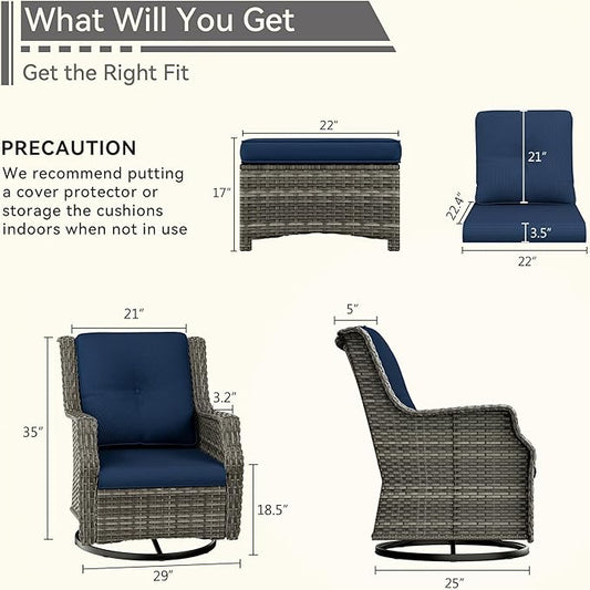 4 Piece Patio Furniture Set, 2 Swivel Glider Chairs and 2 Ottomans PE Wicker Footstool, Outdoors Rattan Conversation Set with Deep Seating and Olefin Cushions, for Backyard, Garden, Navy