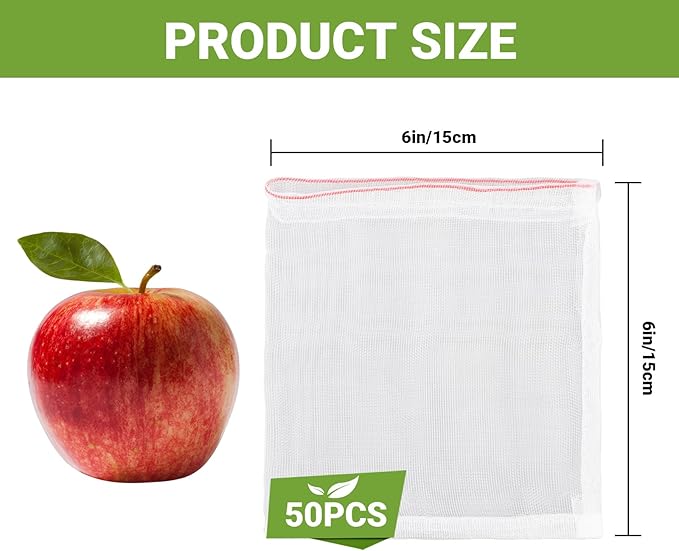 Mesh Fruit Bags, 50pcs 6x6 Inch Fruit Netting Bags with Drawstring for Plant Vegetables Fruit, Garden Fruit Protection Against Bird Insects Mosquito Pest Bug