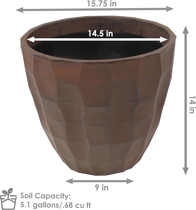 Sunnydaze Pebbled Polyresin Round Outdoor Planter - 15.75" Flower Pot for Indoor or Outdoor Use - Dark Brown
