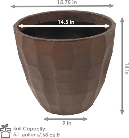 Sunnydaze Pebbled Polyresin Round Outdoor Planter - 15.75" Flower Pot for Indoor or Outdoor Use - Dark Brown
