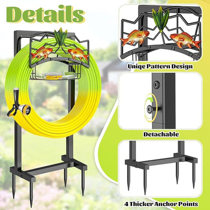 Freestanding Garden Hose Holder, Heavy Duty Black Metal Hose Rack with Storage Basket & 4 Spikes, Holds 150FT Water Hose for Yard Lawn Patio Decor