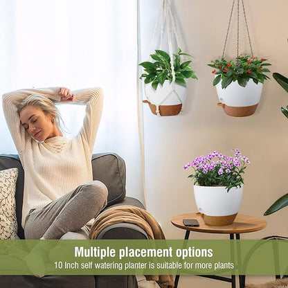 10 inch Self Watering Hanging Planters, 2 Pack Hanging Baskets for Indoor Outdoor Plants, Hanging Flower Pots with Drainage Holes & 2 Kinds of Plant Hangers for Garden Home Décor, White Brown