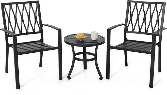 NUU GARDEN 3 Piece Outdoor Bistro Set Patio Set Bistro Table Set Rustproof Patio Table and Chairs with Umbrella Hole for Backyard, Balcony, Front Porch, Black