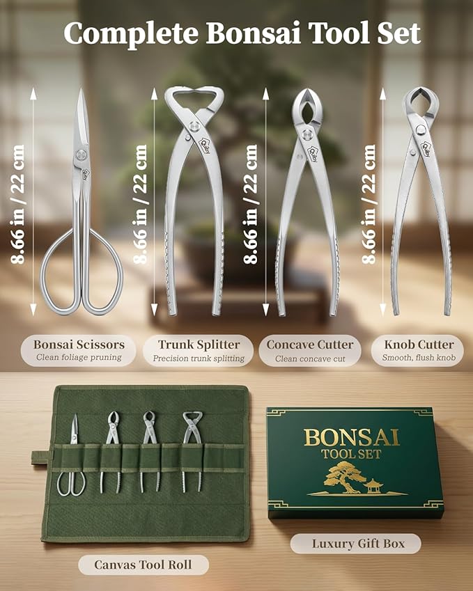 4-Piece Bonsai Tools Set with Tool Roll Bag Organizer, Heavy Duty Bonsai Tree Kit with Luxury Gift Box, Bonsai Starter Kit, Include Concave Cutter, Knob Cutter, Trunk Splitter, Bonsai Scissors