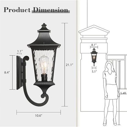 Emliviar 21.1 Inch Farmhouse Outdoor Wall Sconce,1 Light Exterior Wall Lighting in Black Finish Frame, Water Ripple Glass Shade, XE292UB-M SW BK