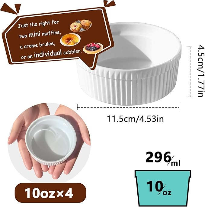Cinf White 10 oz Set of 4 Souffle Dishes Ramekins Oven Microwave Safe Bowls Creme Brulee Set Sauce Cups for Baking Cooking Dessert Porcelain Pudding Cups