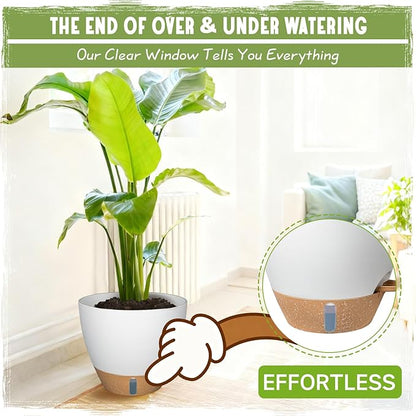 Self-Watering Pots for Indoor Plants 4 Pack, 6/8/10/12 Inch Outdoor Planters with Water Level Indicator & Deep Reservoir, Decorative Flower Pots for Home Decor (White, 12+10+8+6 Inch)
