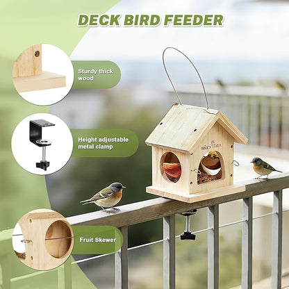 MIXXIDEA Deck Bird Feeder for Railing, Wooden Balcony Deck Bird Feeders for Outside, with Metal Clamp, Easy to use (1pk)