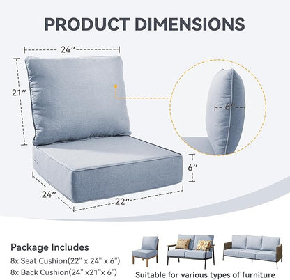 Outdoor Cushion Set for Furniture Patio Furniture, UV Resistant, Water Resistant - 6 Inch Thick Foam Garden Cushions – 22x24 Inch Patio Seat Covers for Chair/Sofa/Couch | Baby Blue | 8-Pack |