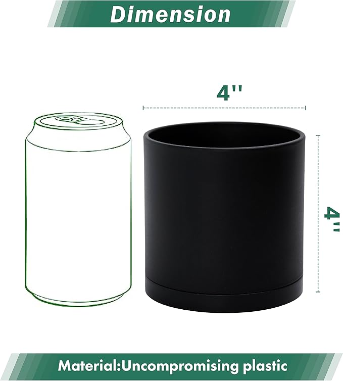 D'vine Dev 4 Pack 4 Inch Modern Plastic Plant Pots, Small Garden Planters for Plant with Drainage Holes and Saucers, Black Color, 74-Y-E-2