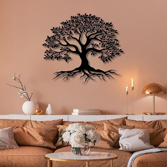 VTHTA Large Tree of Life Metal Wall Art,Tree Wall Sign for Living Room Bedroom Indoor Outdoor Garden Home Decoration (Black, 47" Wx41 H/120x105cm, Metal Wall Art)