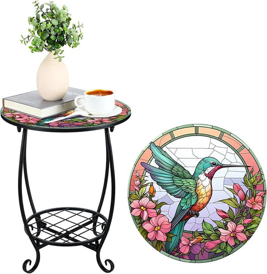 Cinnvoice Outdoor Side Table Round Small Mosaic Patio Accent Indoor End Plant Coffee Tea Table for Yard Patio Porch Garden Living Room, Bedroom(Hummingbird Style,16 Inch)