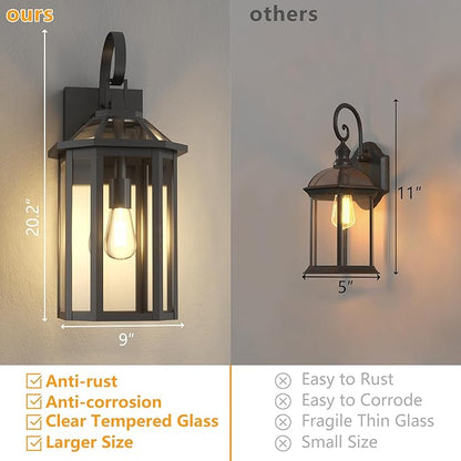 Outdoor Wall Lights, 20.24 Inch Large Waterproof Outside Wall Lantern Sconce, Clear Glass Exterior Lamp for House, Porch, Garage, 1-Light, (E26 Bulb Base, Black)
