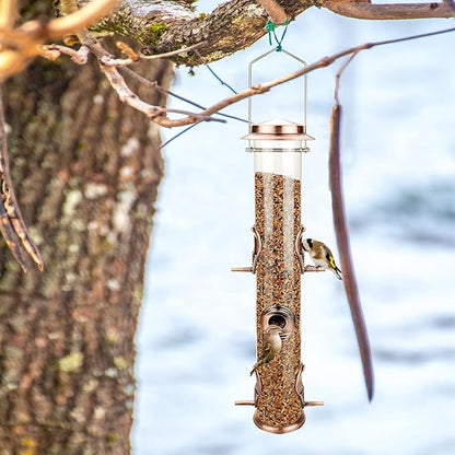 Metal Bird Feeder Tube Hanging Wild Bird Seed Feeder Aluminum Six Port Bird Feeders,1.4 mm Extra Thick Solid Tube Transparent with Steel Hanger Great for Attracting Birds (Antique Copper 2PK)