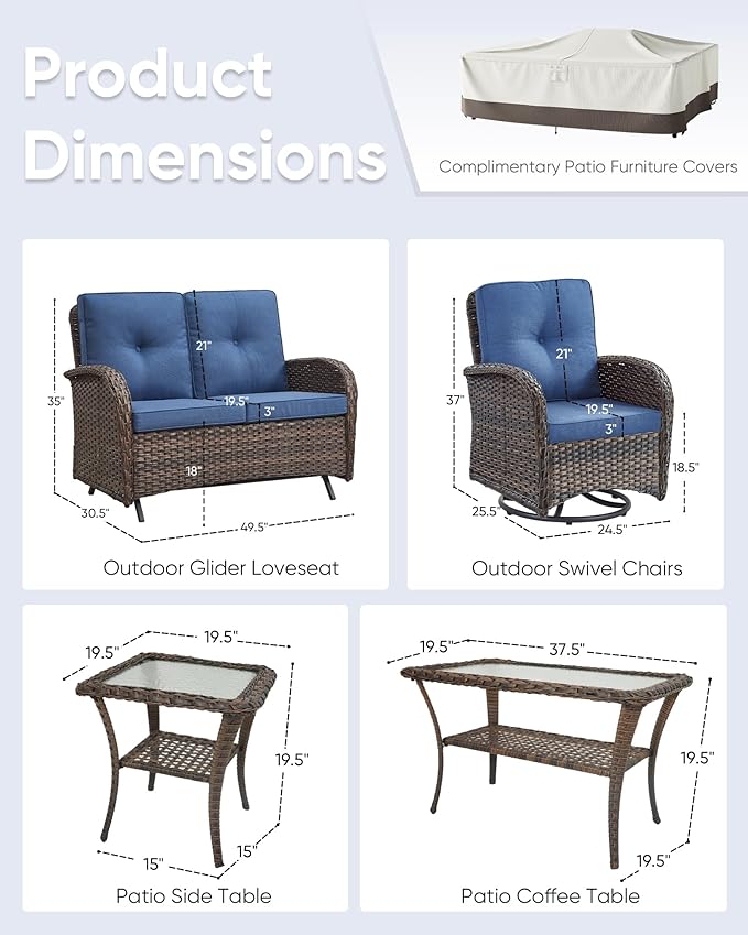 5-Piece Modern Wicker Patio Furniture Set - Outdoor Rocking Chairs, Glider Bench, Coffee Table - Brown/Blue