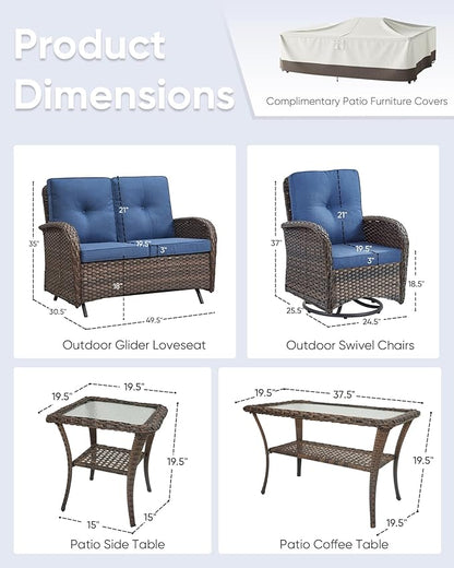 5-Piece Modern Wicker Patio Furniture Set - Outdoor Rocking Chairs, Glider Bench, Coffee Table - Brown/Blue