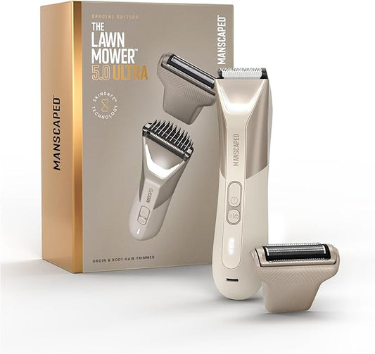 MANSCAPED® The Lawn Mower® 5.0 Ultra Groin & Body Hair Trimmer – Dual-Head SkinSafe® Trimmer & Foil Blades, Waterproof Groomer, USB-C Rechargeable with Travel Case, Men’s Ball Shaver, Desert Sand