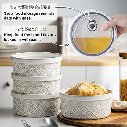 40 Oz Ramekins Ceramic Airtight Bowls Set of 4 - Large Mixing Bowls with Lids Set for Salad, Pho, Soup, Pasta, Dessert, Serving, Oatmeal, Baking Dishes, Dishwasher & Microwave Safe, Beige
