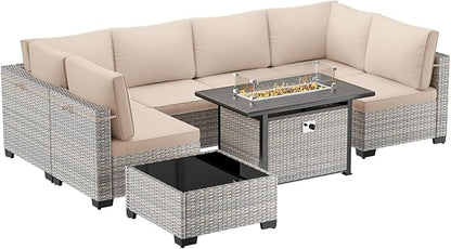 8-Piece Modern Patio Conversation Set with 55,000 BTU Fire Pit Table, Thick Cushions, Dual-Strand Wicker Rattan, Rust-Resistant Frame, Khaki