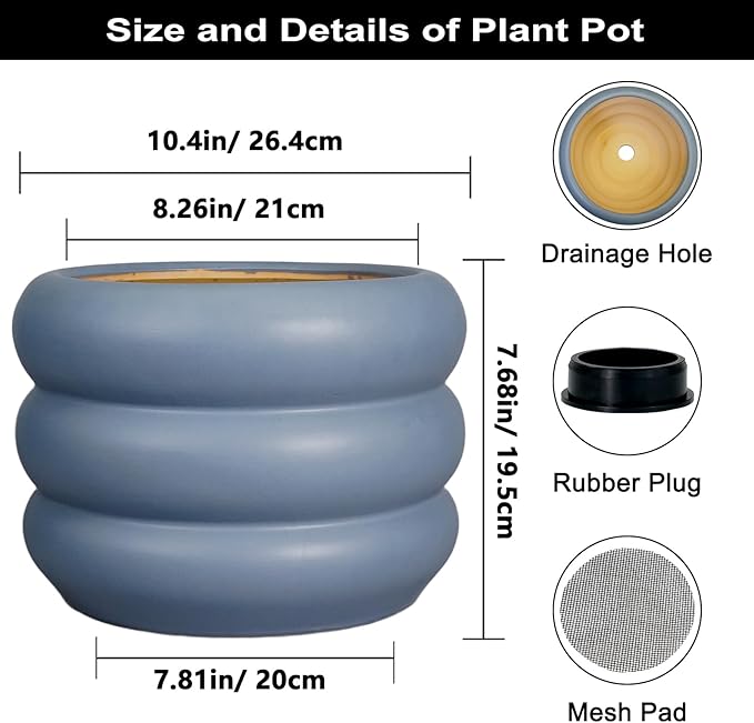 SQOWL 10 Inch Plant Pot Indoor - Ceramic Plant Pot with Drainage Hole Large Outdoor Planter Unique Flower Pot Modern Round Planter for Front Door Decor Gray